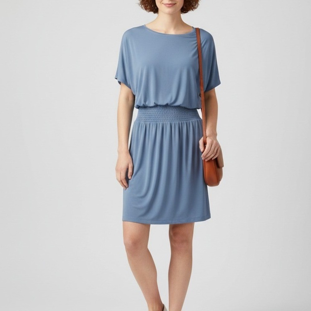 White House Black Market Light Blue Smocked Waist Dress Small Cap Sleeves Midi